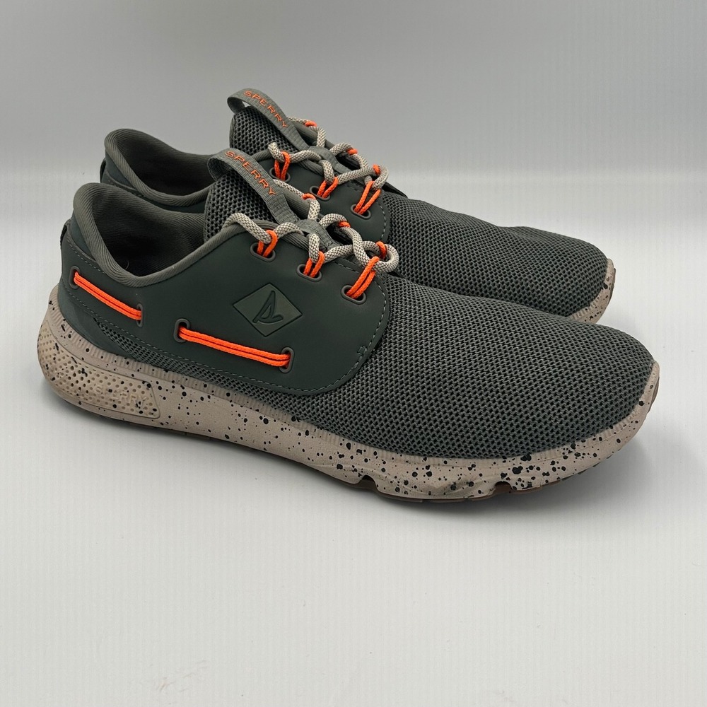 Sperry 7 SEAS 3-Eye Mens 9M Dark Green Orange Mesh Boat Shoes Sneakers STS19496